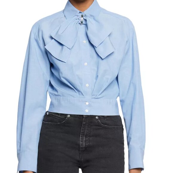 Sandro Women's Saul Cropped Bow-Detail Shirt Blue Size 0 (US 2)  6298 - Picture 1 of 3